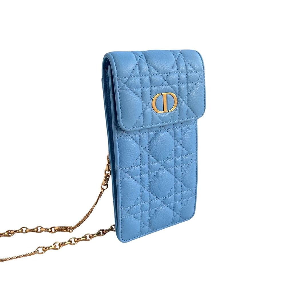 Christian Grained Calfskin Cannage Caro Phone Pouch Holder Cornflower